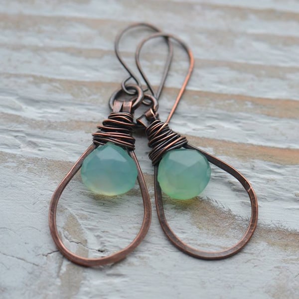 Handmade Copper Earrings with Aqua Chalcedony Briolette Gemstone Beads
