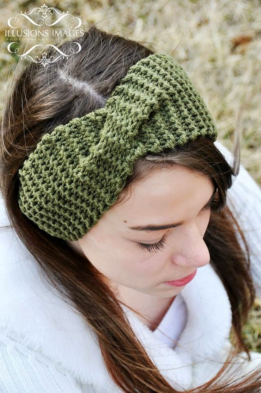 Khaki Knitted Wide Turban Twist Headband Earwarmer