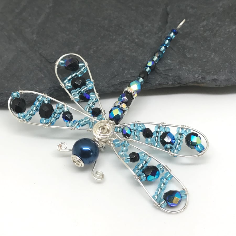 Dragonfly Brooch, Silver Plated, Blue Crystals, Gift For Her