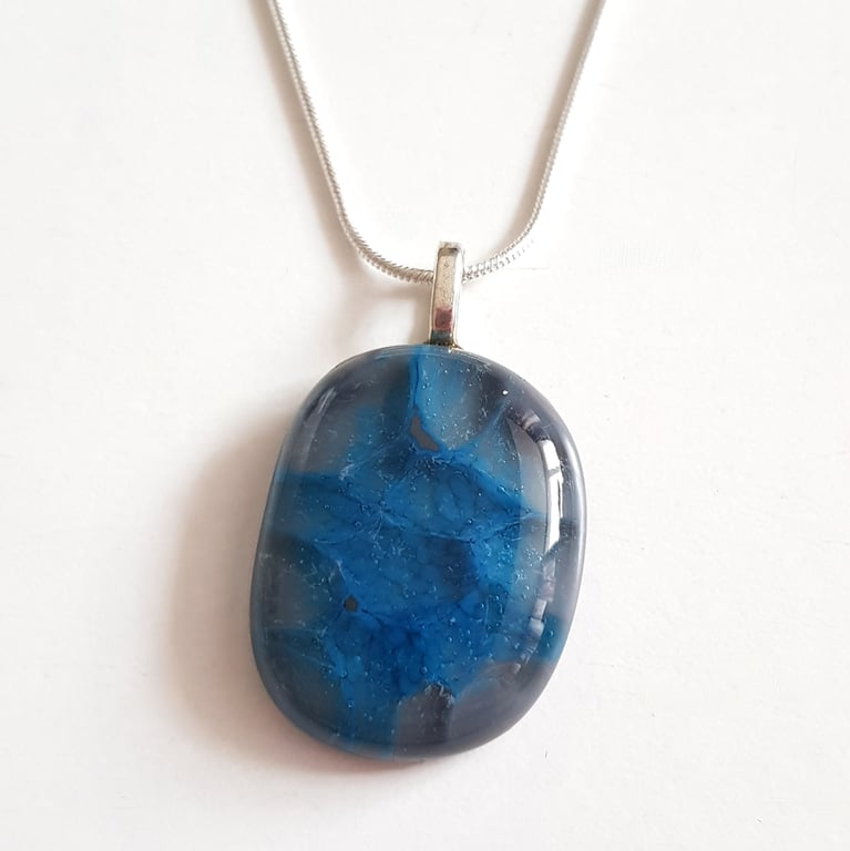 Slate Grey and Blue Fused Glass Pendant - Abstract Glass Necklace