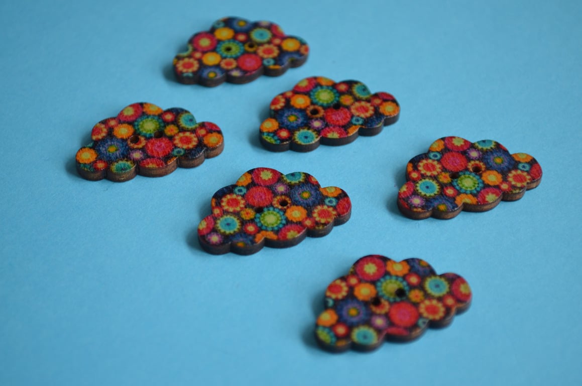 Wooden Cloud Buttons Multi Coloured Black Orange Blue Red 6pk 30x20mm (CD4)