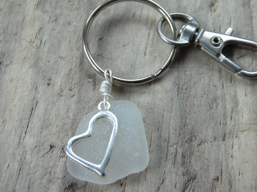 Heart Charm White Cornish Sea Glass Keyring Bag Charm K662