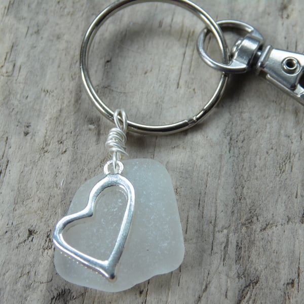 Heart Charm White Cornish Sea Glass Keyring Bag Charm K662