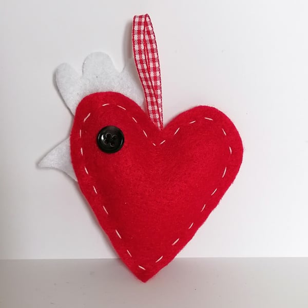 Handmade red felt chicken shaped hanging heart