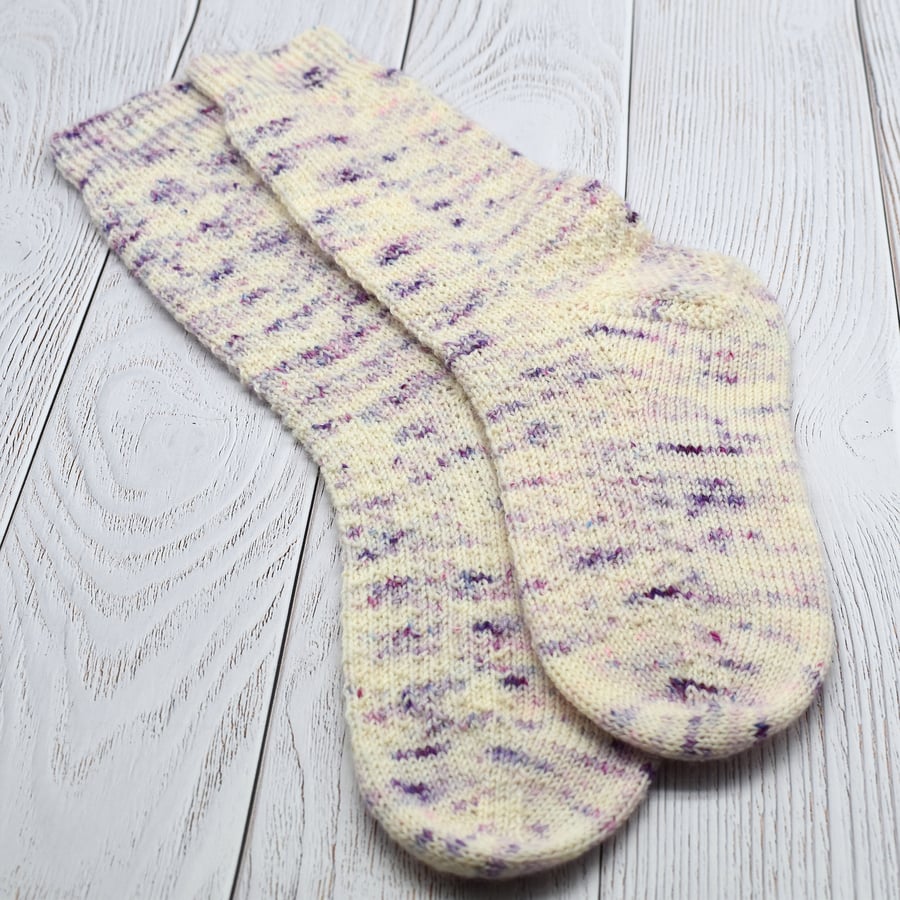 Hand Knitted boot socks - Cream, Pink and Purple - UK 6-9