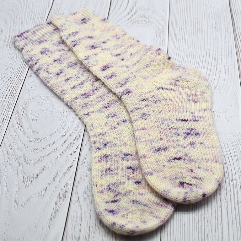 Hand Knitted boot socks - Cream, Pink and Purple - UK 6-9