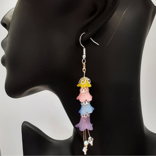 Spring Blossom Lucite Flower Earrings: Yellow, Pink, Blue, and Mauve Blooms 