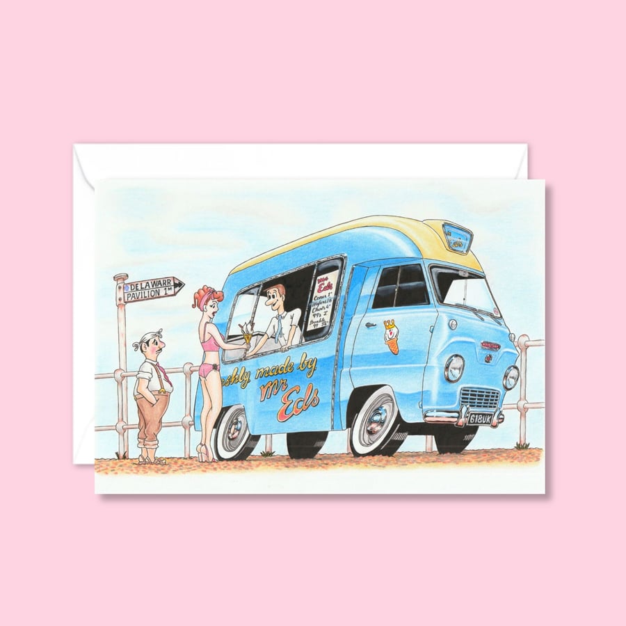 Seaside Ice Cream Van Greetings Card: Postcard Style Pencil Illustration (804)