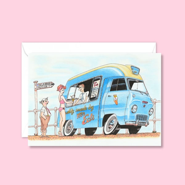 Seaside Ice Cream Van Greetings Card: Postcard Style Pencil Illustration (804)