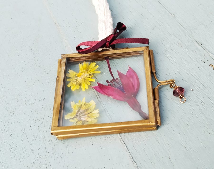 Pressed flower frame art, brass frame, floral art, flower gigft