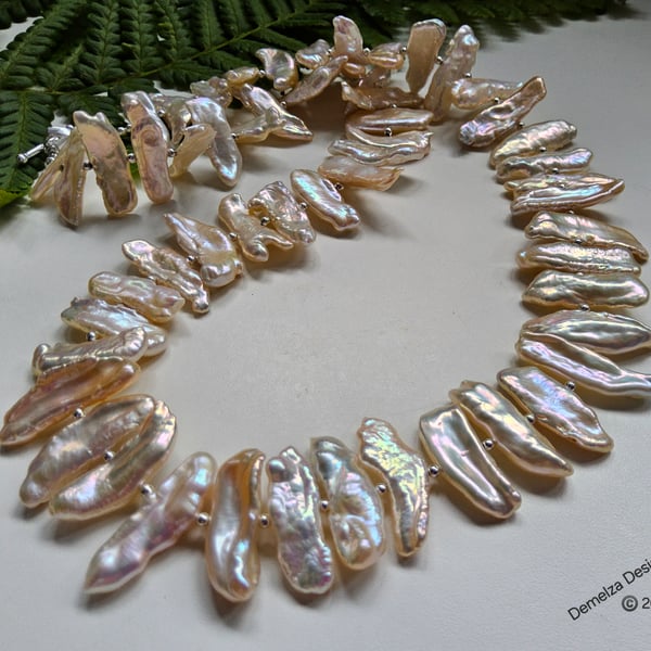 Designer Rare Biwa Freshwater Culture Pearl Necklace 