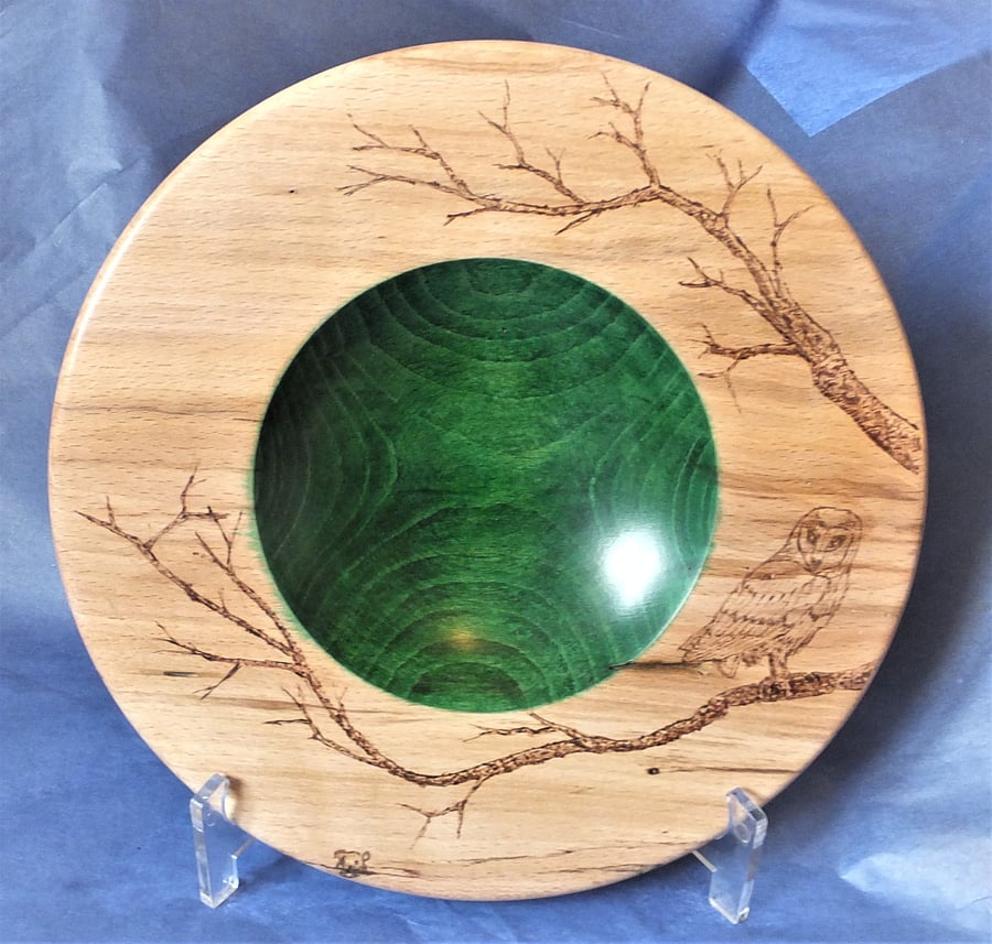 Spalted beech bowl with pryrography owl and trees. Green coloured interior.