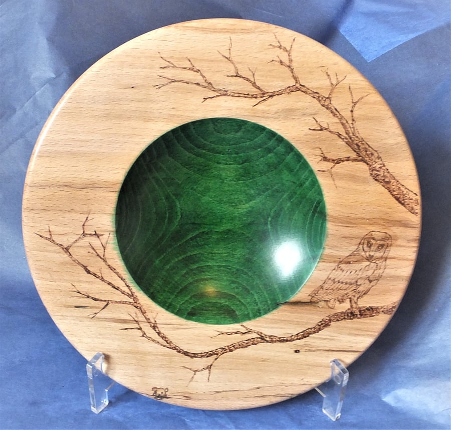 Spalted beech bowl with pryrography owl and tre... - Folksy