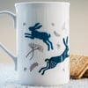 Bone China and Espresso Mugs with leaping hares inspired by Indian woodblocks.