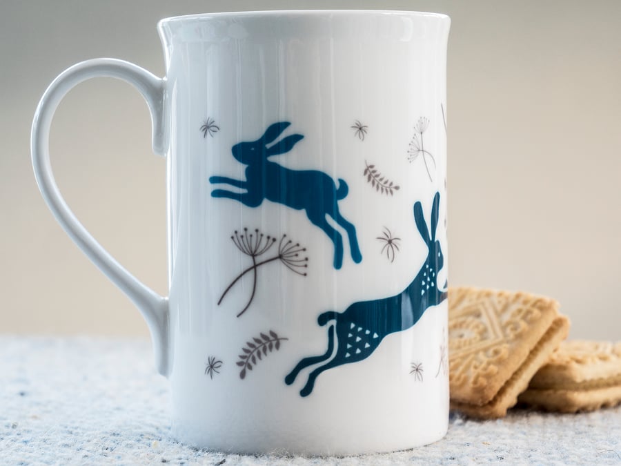 Bone China and Espresso Mugs with leaping hares inspired by Indian woodblocks.