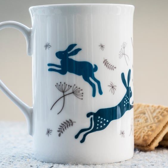 Bone China and Espresso Mugs with leaping hares inspired by Indian woodblocks.