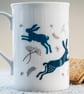 Bone China and Espresso Mugs with leaping hares inspired by Indian woodblocks.
