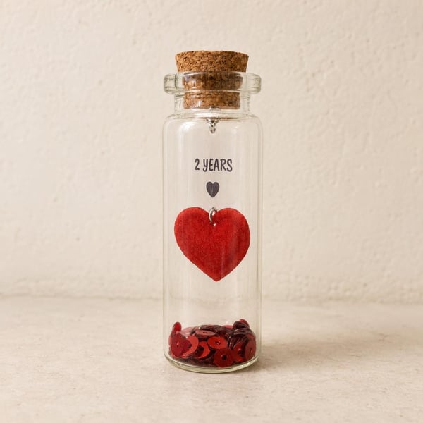 Pesonalised 2nd Cotton Anniversary Red Heart Message Bottle Keepsake