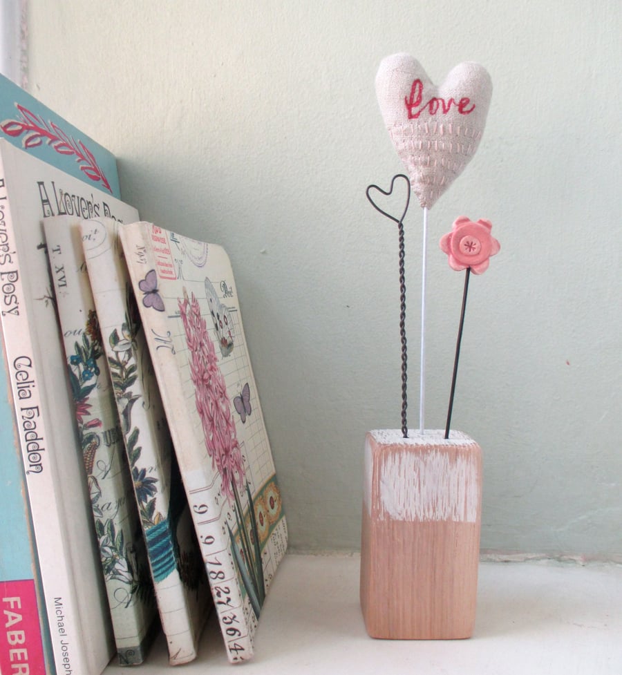 Valentine Hand Stitched Fabric Love Heart on a Wire Stalk with a Clay Flower