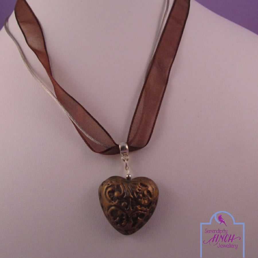 Gold Brown Heart Pendant Brown Ribbon Necklace
