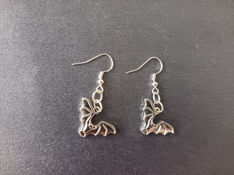 Silver bat charm dangle earrings 