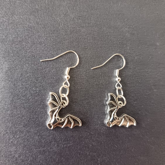 Silver bat charm dangle earrings 