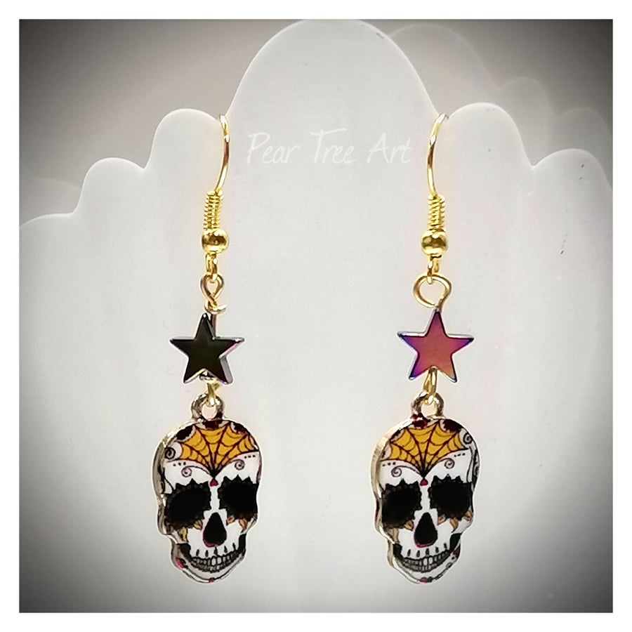  Sugar Skull Earrings orange with star beads
