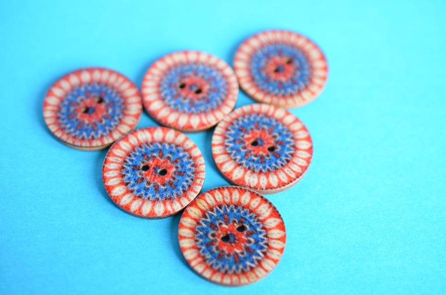Wooden Mandala Patterned Buttons Red Blue Beige 6pk 25mm (M9)