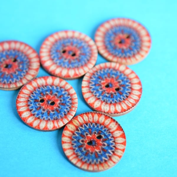 Wooden Mandala Patterned Buttons Red Blue Beige 6pk 25mm (M9)