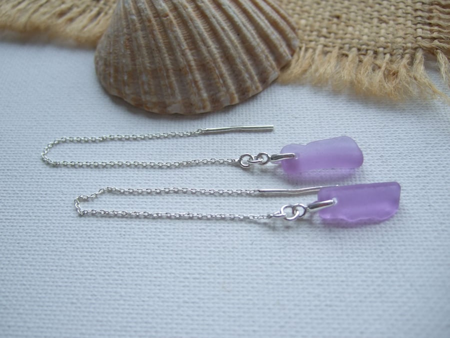 Purple sea glass earring, Neodymium threader earrings, Spanish color changing