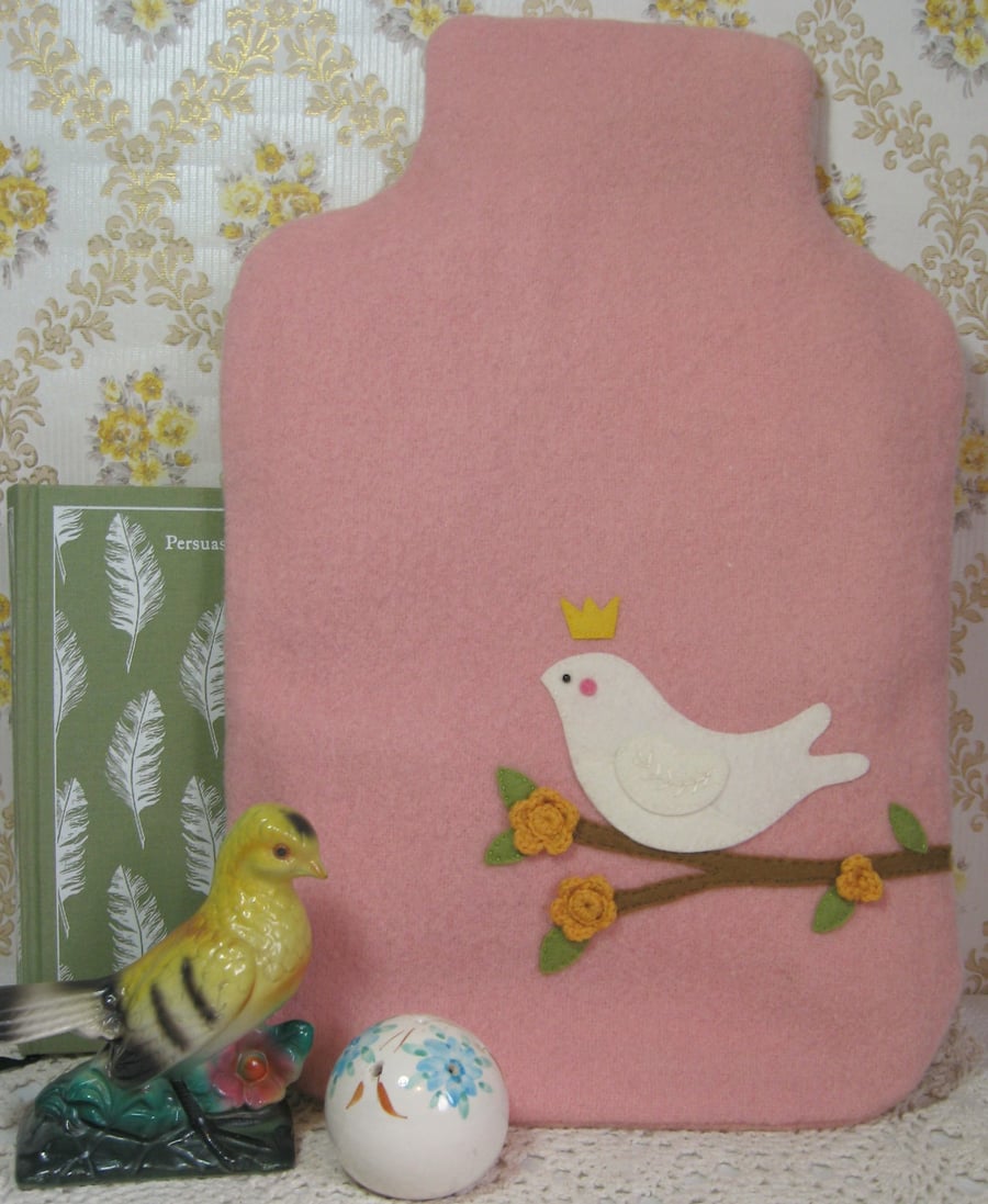 Vintage pink wool hot water bottle cosy