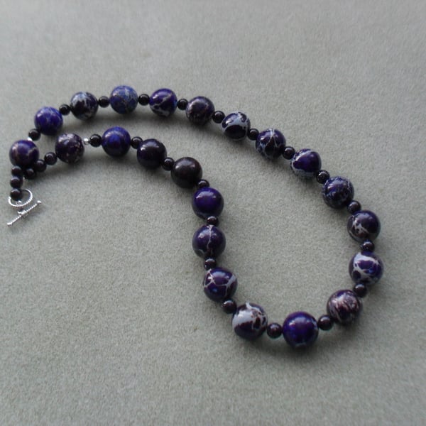 Dark Blue Navy Terra Jasper Beaded Necklace Sterling Silver