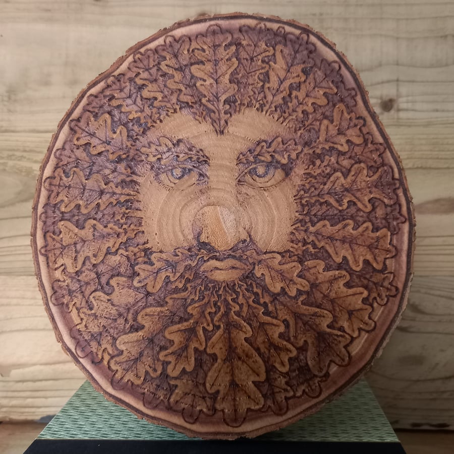 Pyrography Green Man wood slice hanging decoration