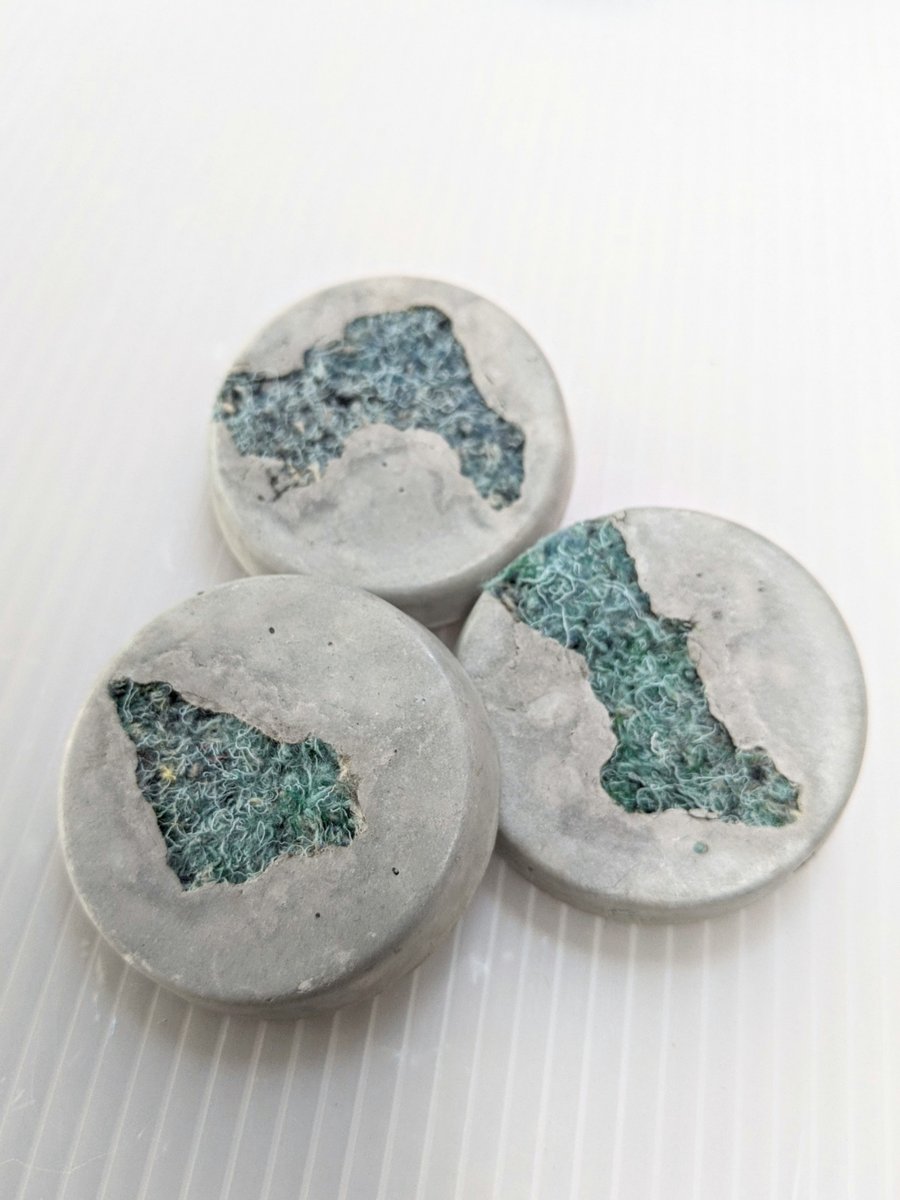 Seafoam Blue Green Textile and Concrete Mixed Media Round 50mm Brooches