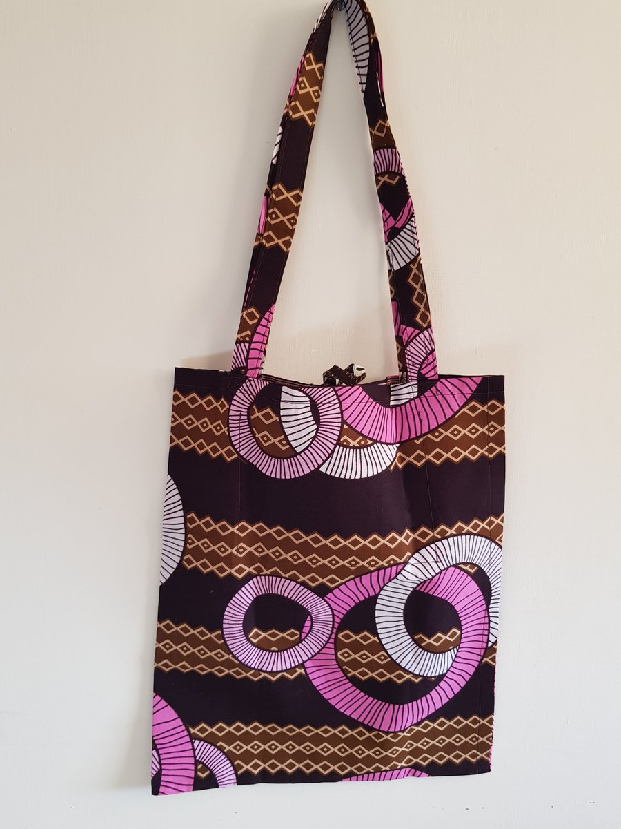 African fabric tote bag:  pink and brown