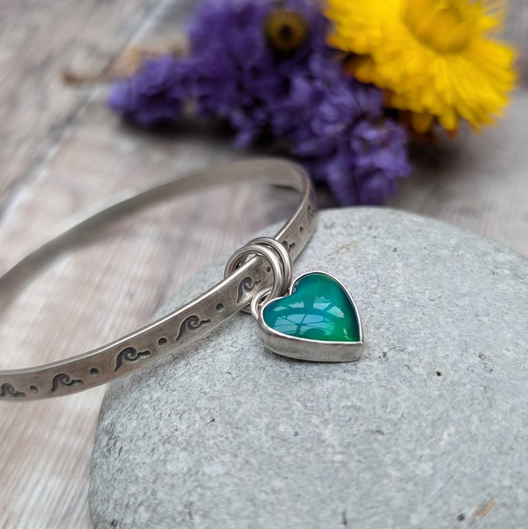 Sterling Silver Wave Bangle with Aurora Opal Heart Charm - JBJ10001