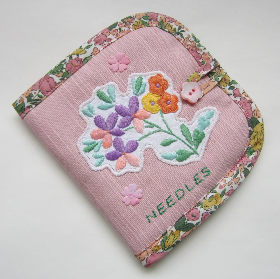 SALE Vintage Embroidered Pink Floral Sewing Needle Case