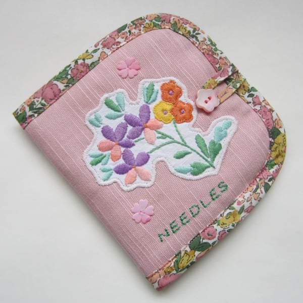 Vintage Embroidered Pink Floral Sewing Needle Case