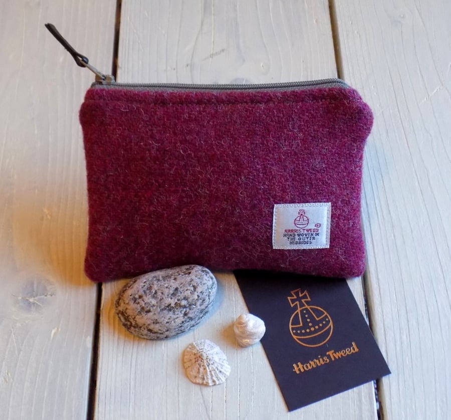 Harris Tweed large coin purse in deep plum pink with stone grey zip and lining