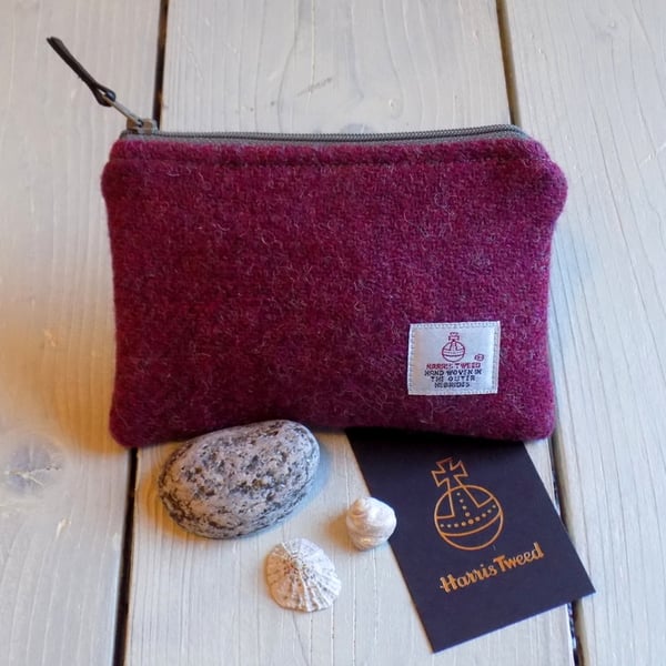 Harris Tweed large coin purse in deep plum pink with stone grey zip and lining