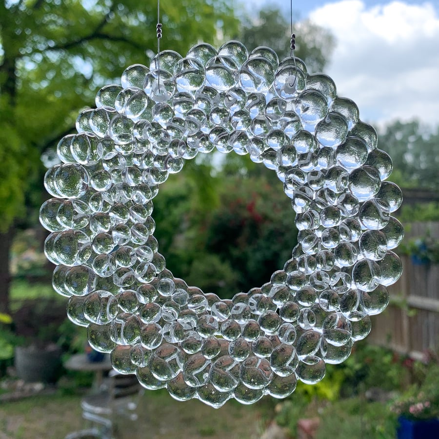 Fused Glass Bubble Ring Hanging - Handmade Glass Suncatcher