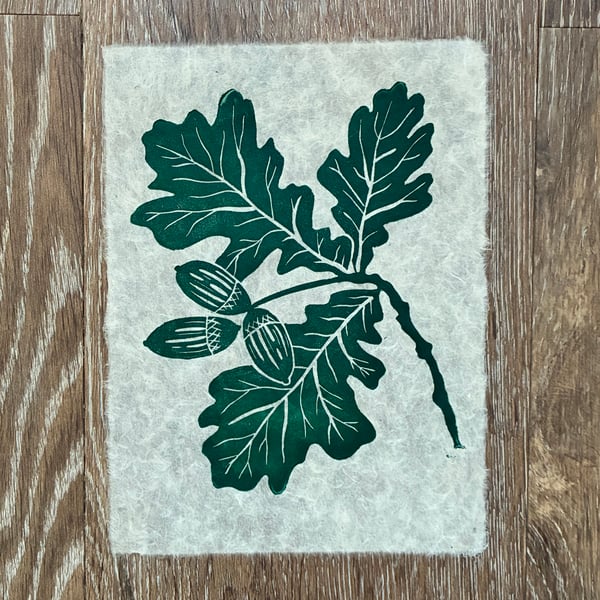 PERFECTLY IMPERFECT Oak leaf and acorn original linocut print in forest green