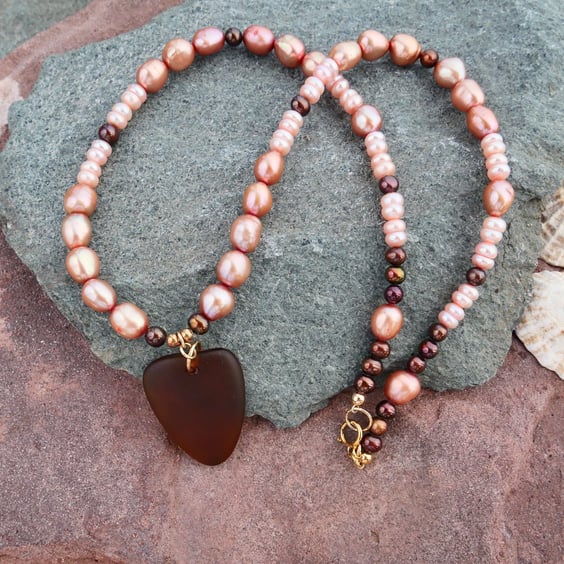 Copper Pink and Brown Pearls with Sea Glass and a Gold Filled Trigger Clasp