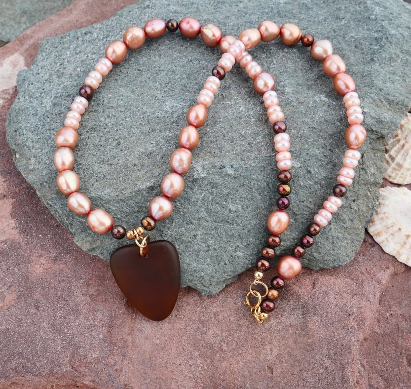 Copper Pink and Brown Pearls with Sea Glass and a Gold Filled Trigger Clasp