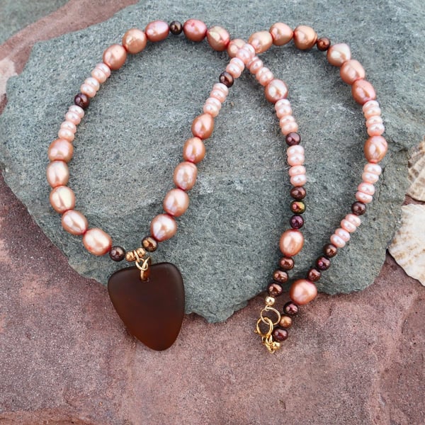 Copper Pink and Brown Pearls with Sea Glass and a Gold Filled Trigger Clasp