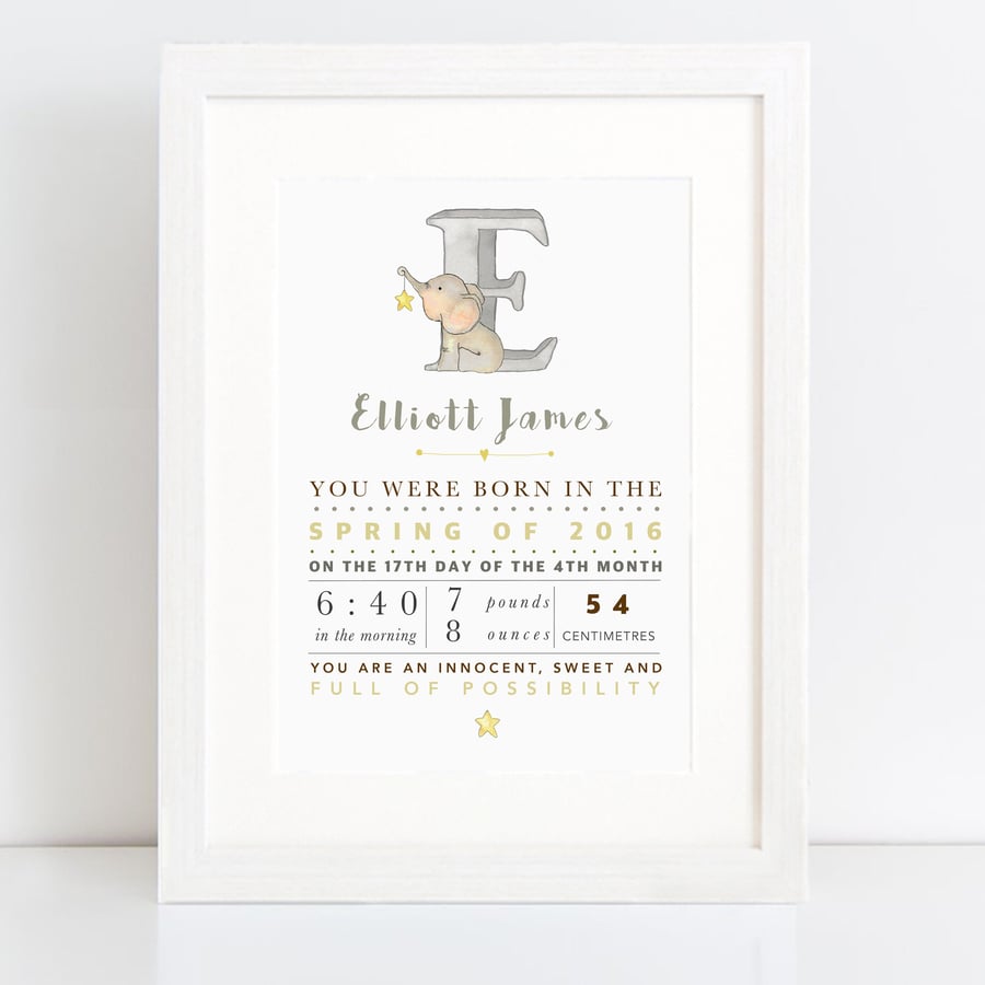 New baby - Initial letter elephant - birth record - personalised nursery art pri