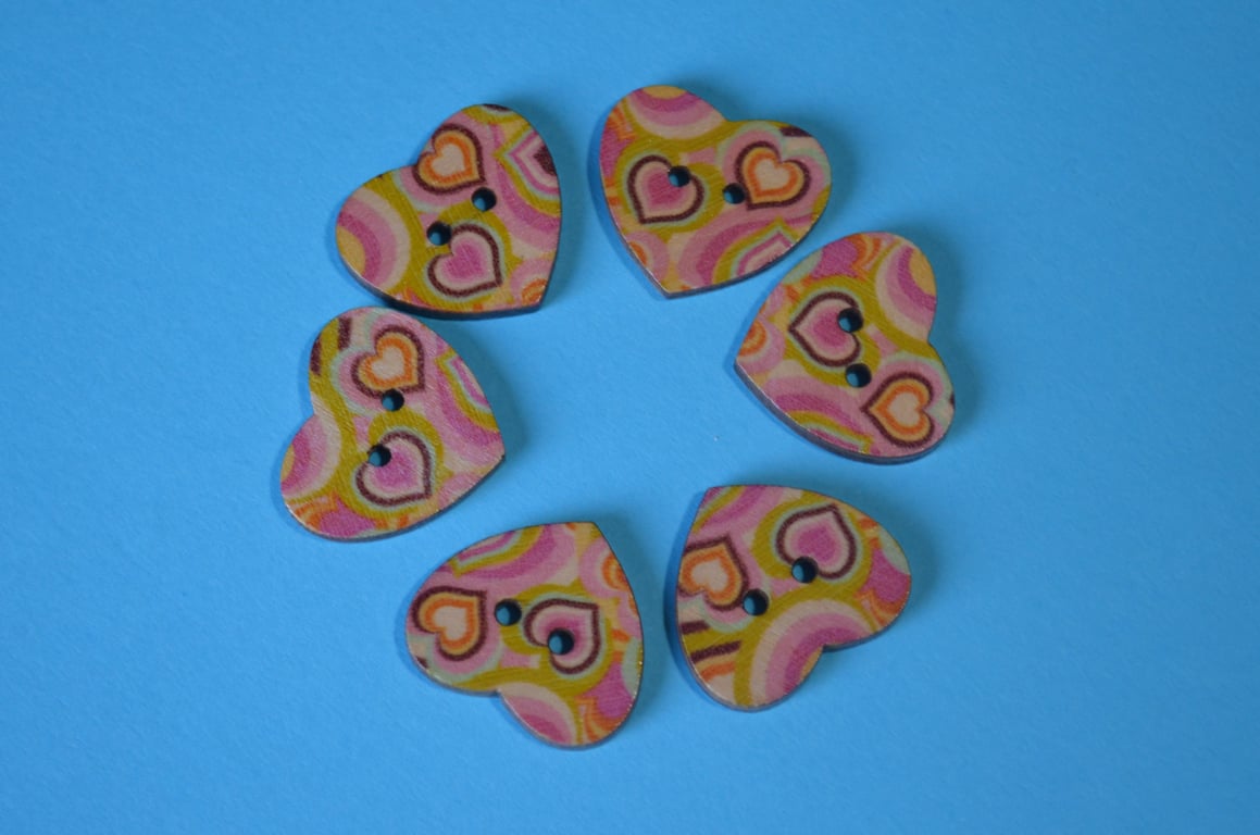 Wooden Heart Buttons Retro Pink Yellow Green Coloured 6pk 25x22mm (H22)