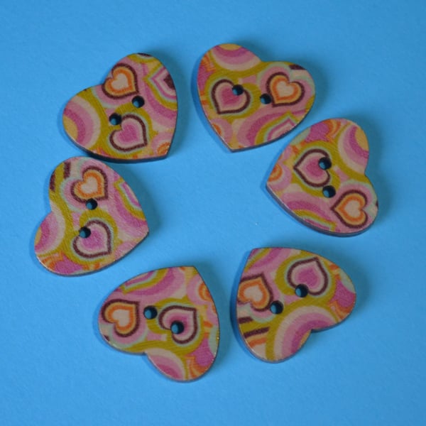 Wooden Heart Buttons Retro Pink Yellow Green Coloured 6pk 25x22mm (H22)