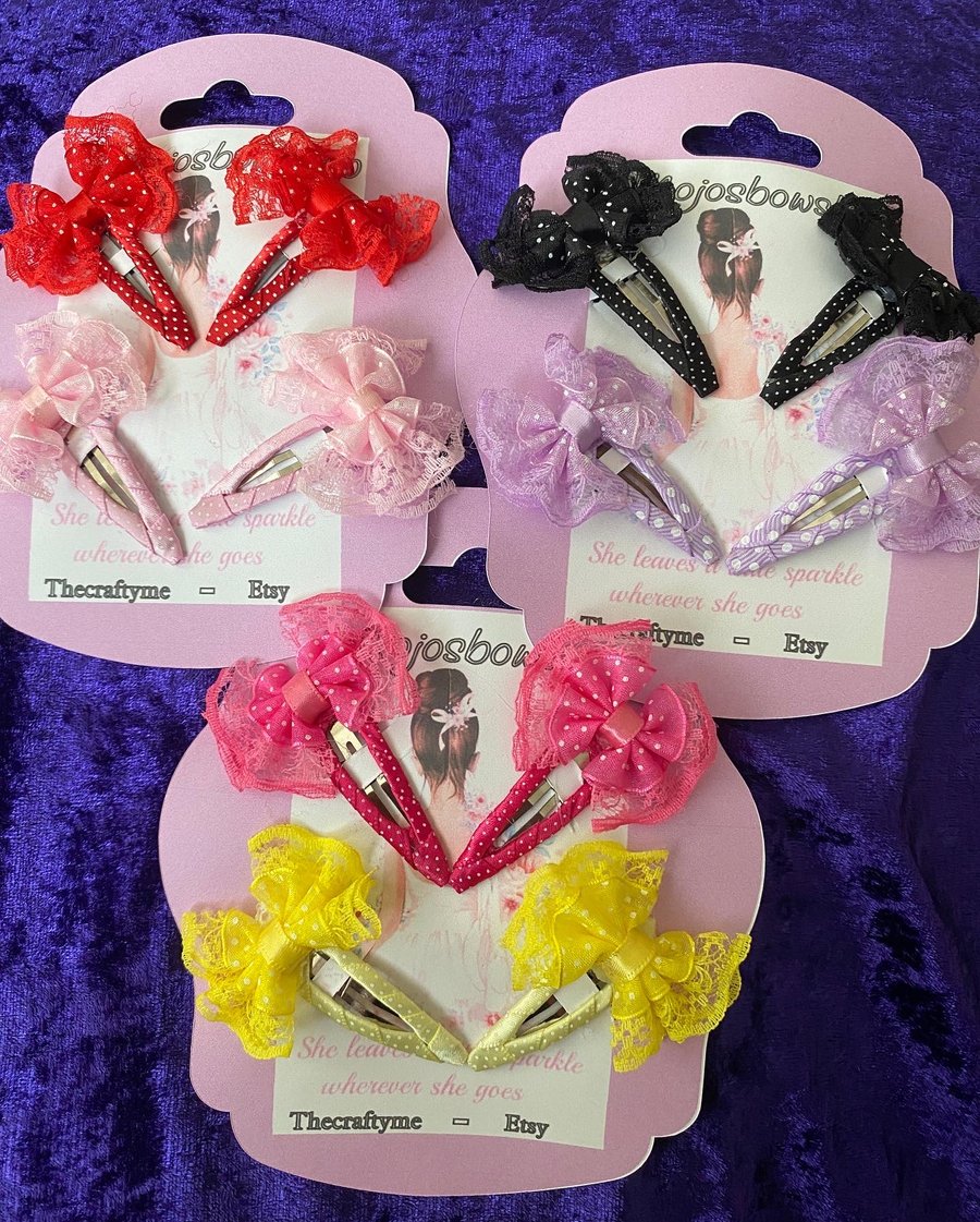2 pairs of Handmade ribbon & lace snap clips 