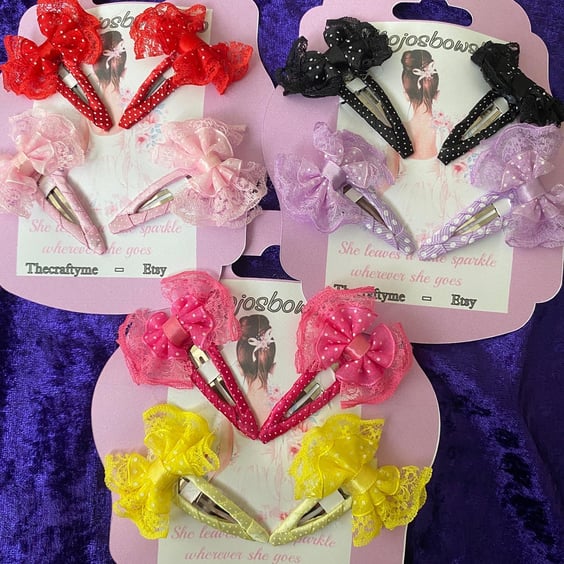 2 pairs of Handmade ribbon & lace snap clips 